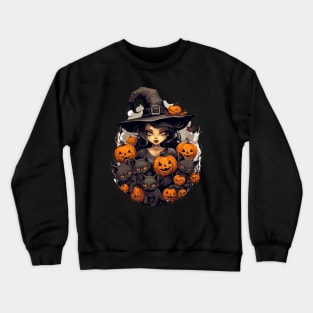 Cute Halloween Witch with Black Cats and Pumpkins Crewneck Sweatshirt